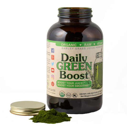 Frasco de Daily Green Boost ámbar con polvo verde