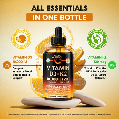 Detalle del frasco de gotas orgánicas Vitamina D3 K2 sabor naranja