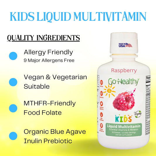 Frasco y etiqueta multivitamínico líquido Go Healthy Kids