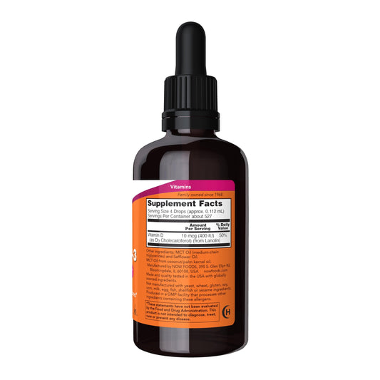 Frasco etiqueta Vitamina D3 líquida NOW Foods, 2 onzas