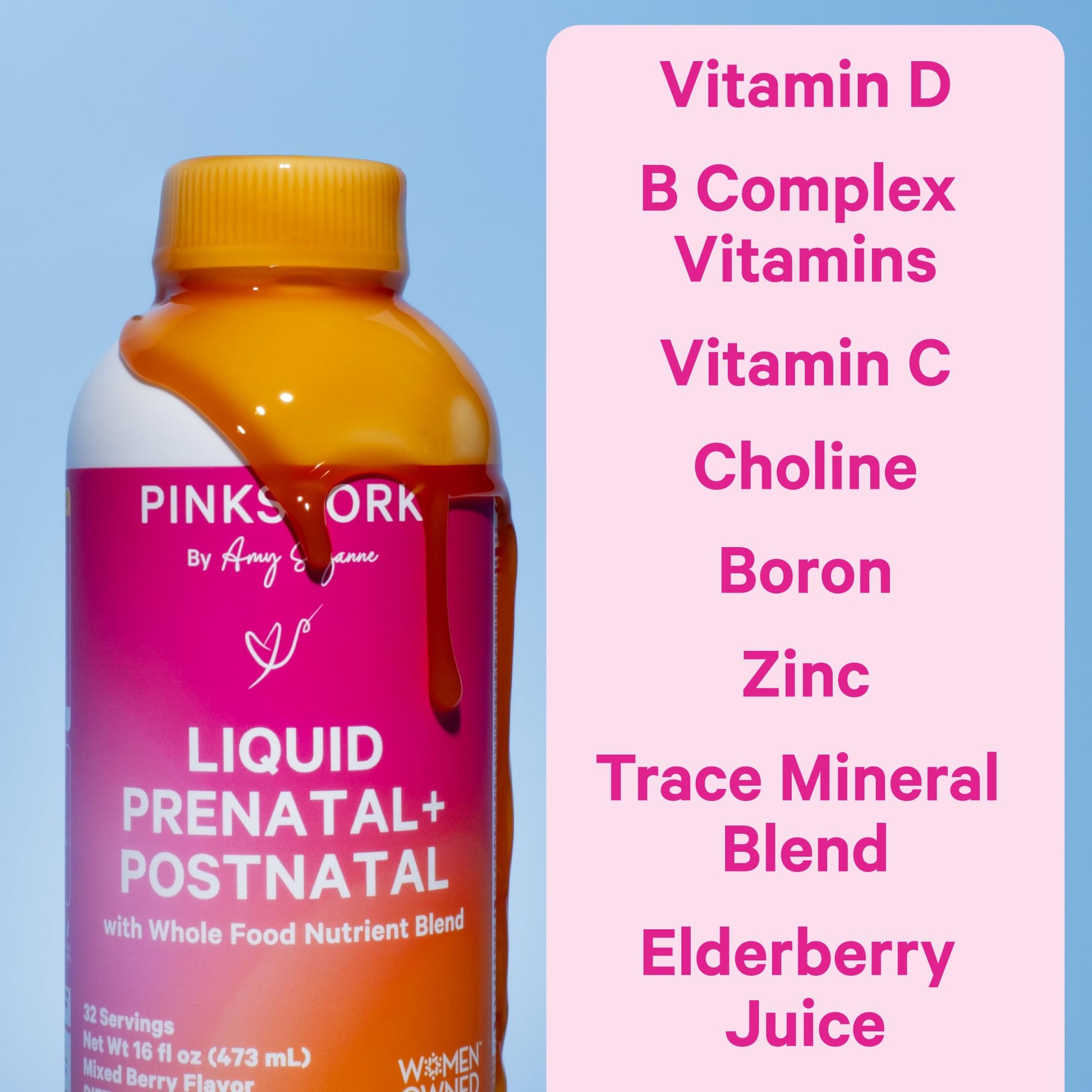 Frasco y etiqueta vitaminas líquidas prenatal Pink Stork