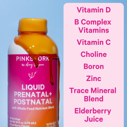 Frasco y etiqueta vitaminas líquidas prenatal Pink Stork