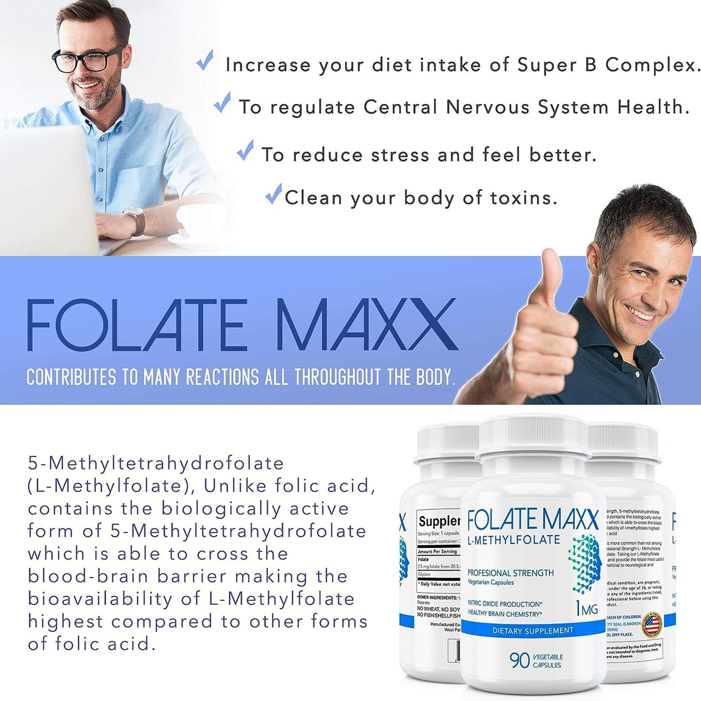 Frasco FolateMaxx L-Metilfolato 90 cápsulas veganas