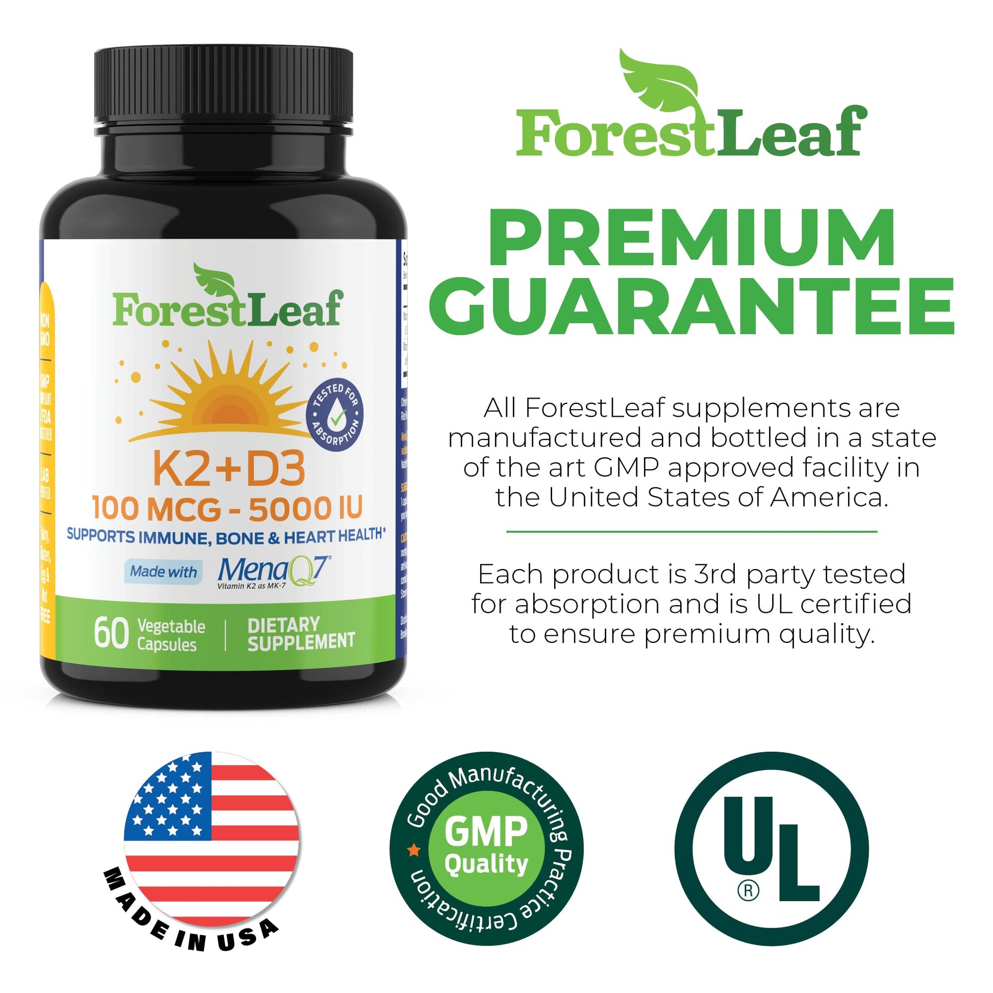 Frasco ForestLeaf vitamina D3 + K2 MK7 para salud ósea e inmunidad