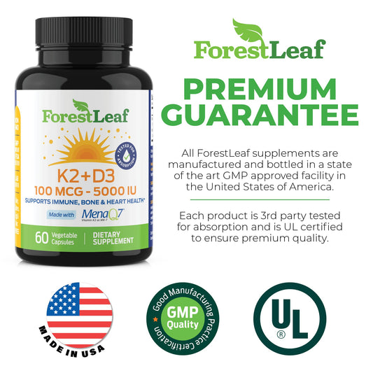 Frasco ForestLeaf vitamina D3 + K2 MK7 para salud ósea e inmunidad