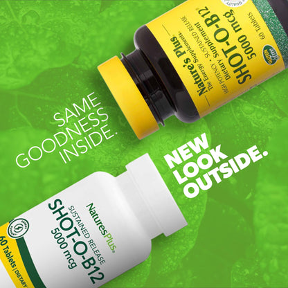 Frasco frontal NaturesPlus Shot-O-B12 5000 mcg soporte energía