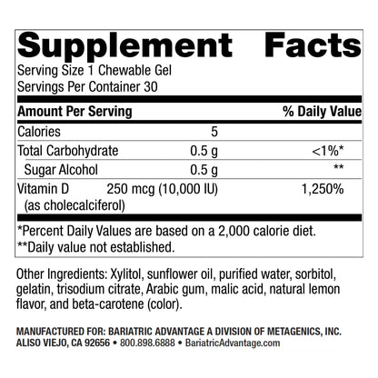 Frasco de geles masticables vitamina D3 Bariatric Advantage sabor limón