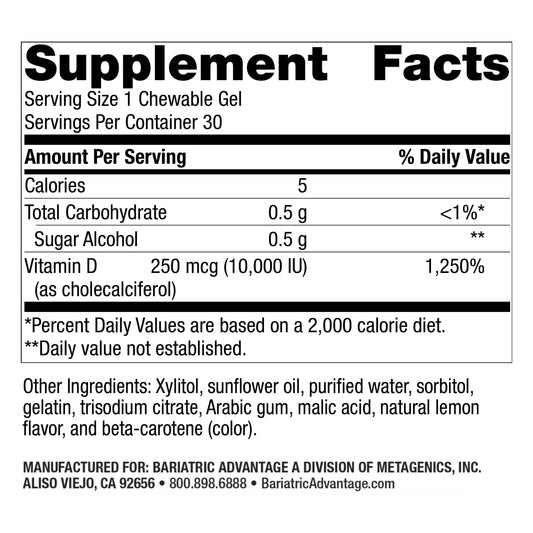Frasco de geles masticables vitamina D3 Bariatric Advantage sabor limón