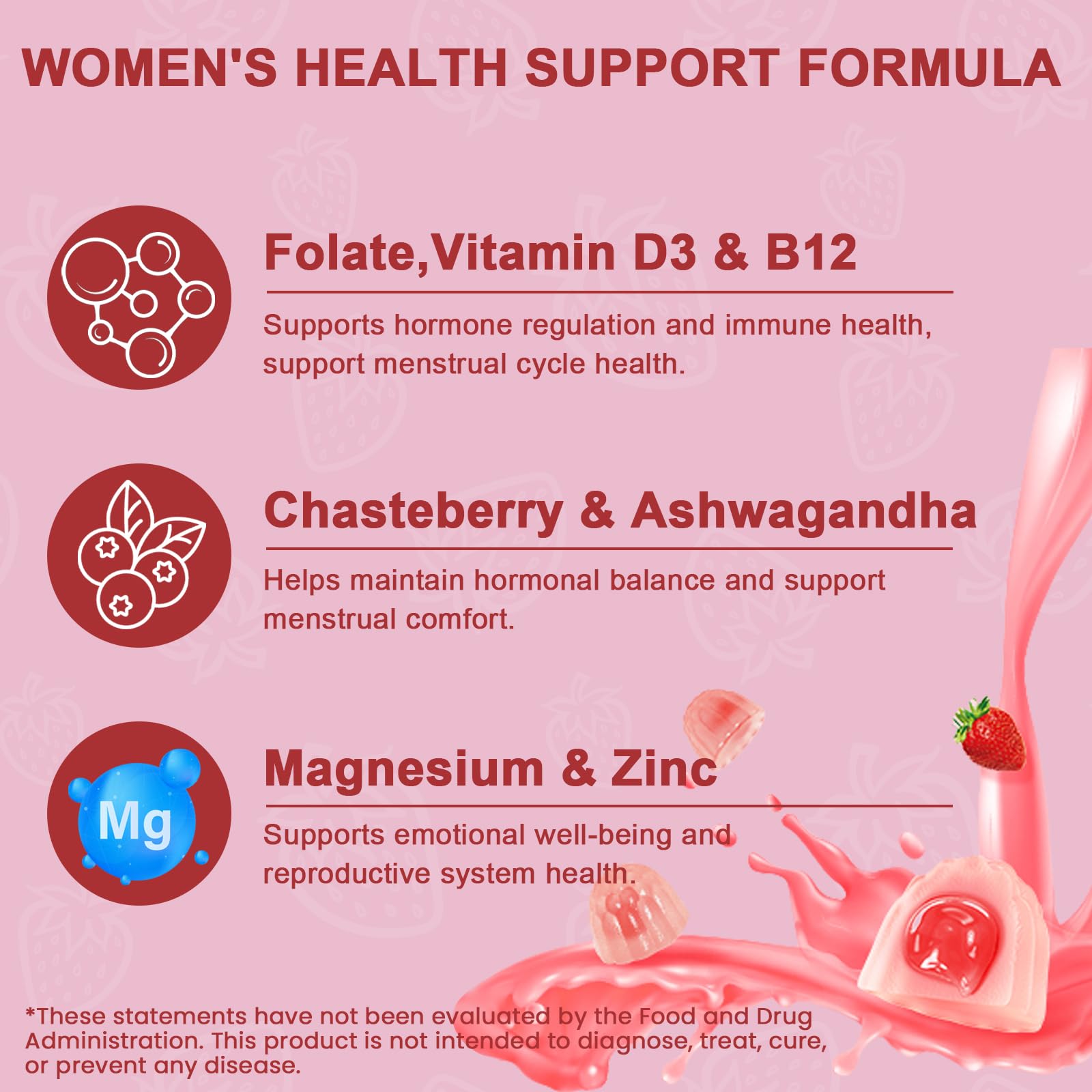 Frasco con gomitas sabor fresa para salud femenina hormonal