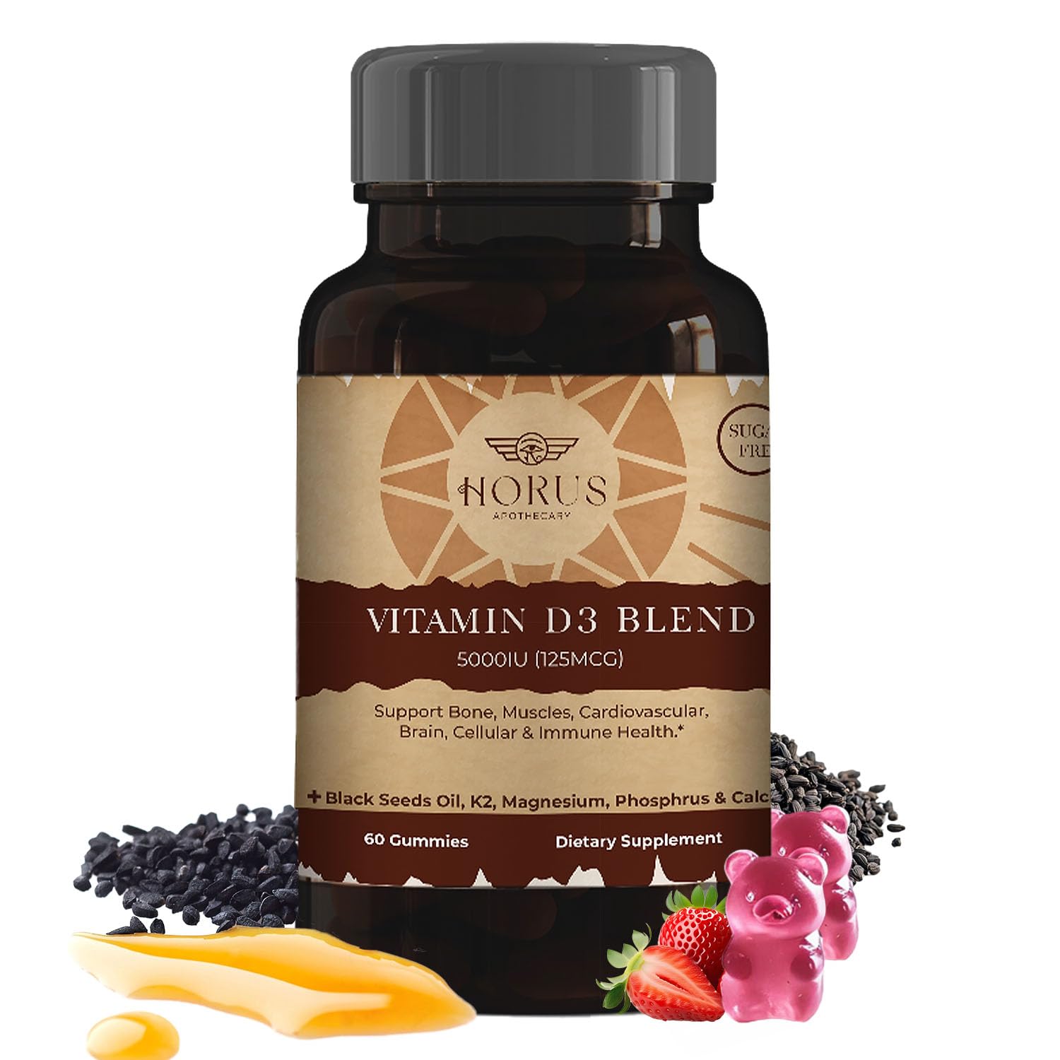 Frasco gomitas sin azúcar Horus Apothecary vitamina D3 5000 IU