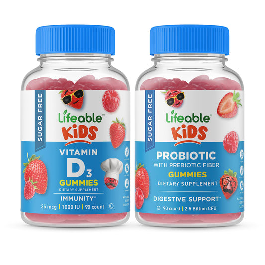 Frasco de gomitas Lifeable vitamina D niños y probióticos