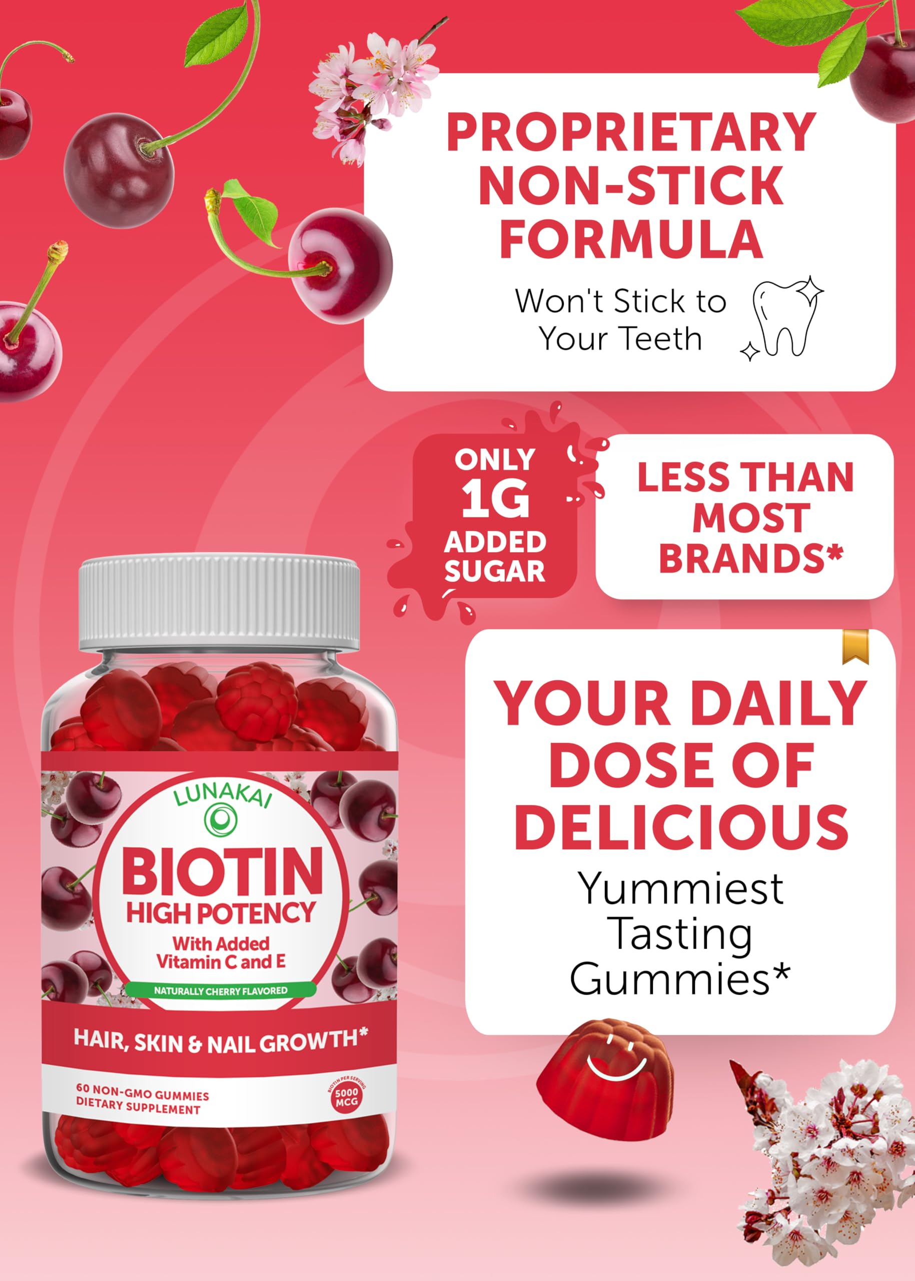 Frasco de gomitas Lunakai con vitaminas para cabello piel uñas