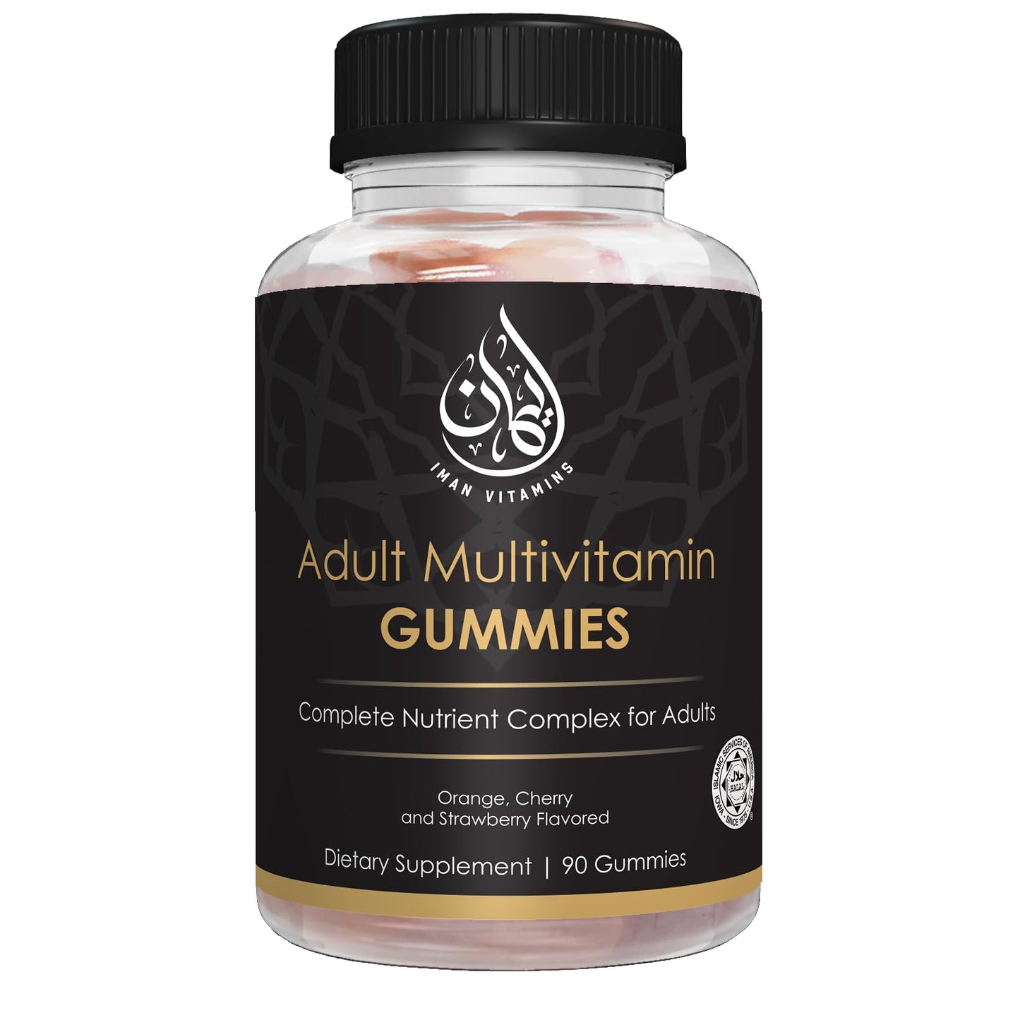 Frasco de gomitas multivitaminas halal sabor naranja, fresa y cereza.