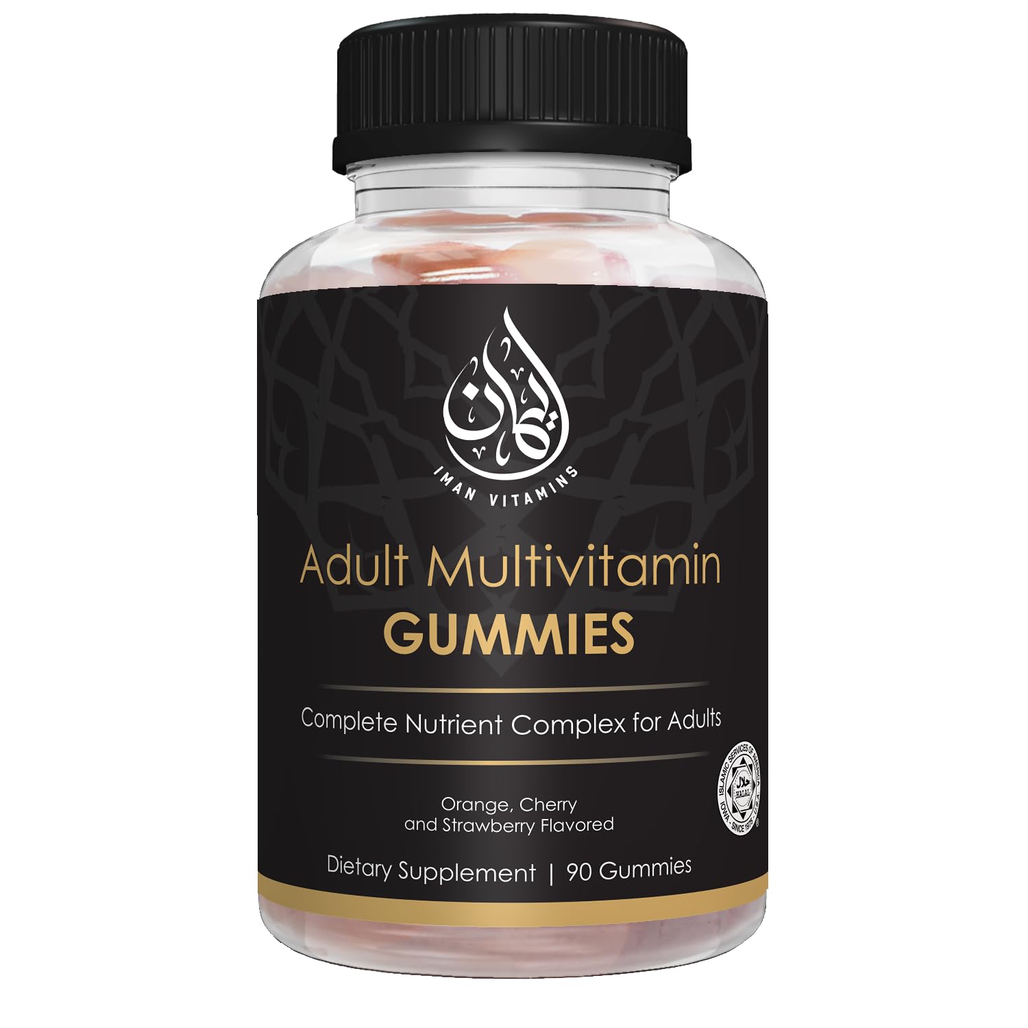Frasco de gomitas multivitaminas halal sabor naranja, fresa y cereza.