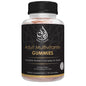 Frasco de gomitas multivitaminas halal sabor naranja, fresa y cereza.