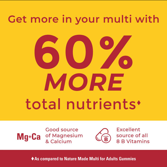 Frasco de gomitas multivitaminicas con 60% más nutrientes.