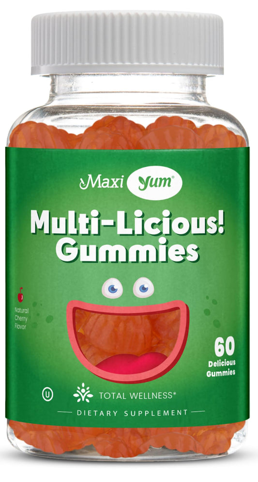 Frasco de gomitas multivitamínicas Maxi Health sabor cereza con 60 gomitas