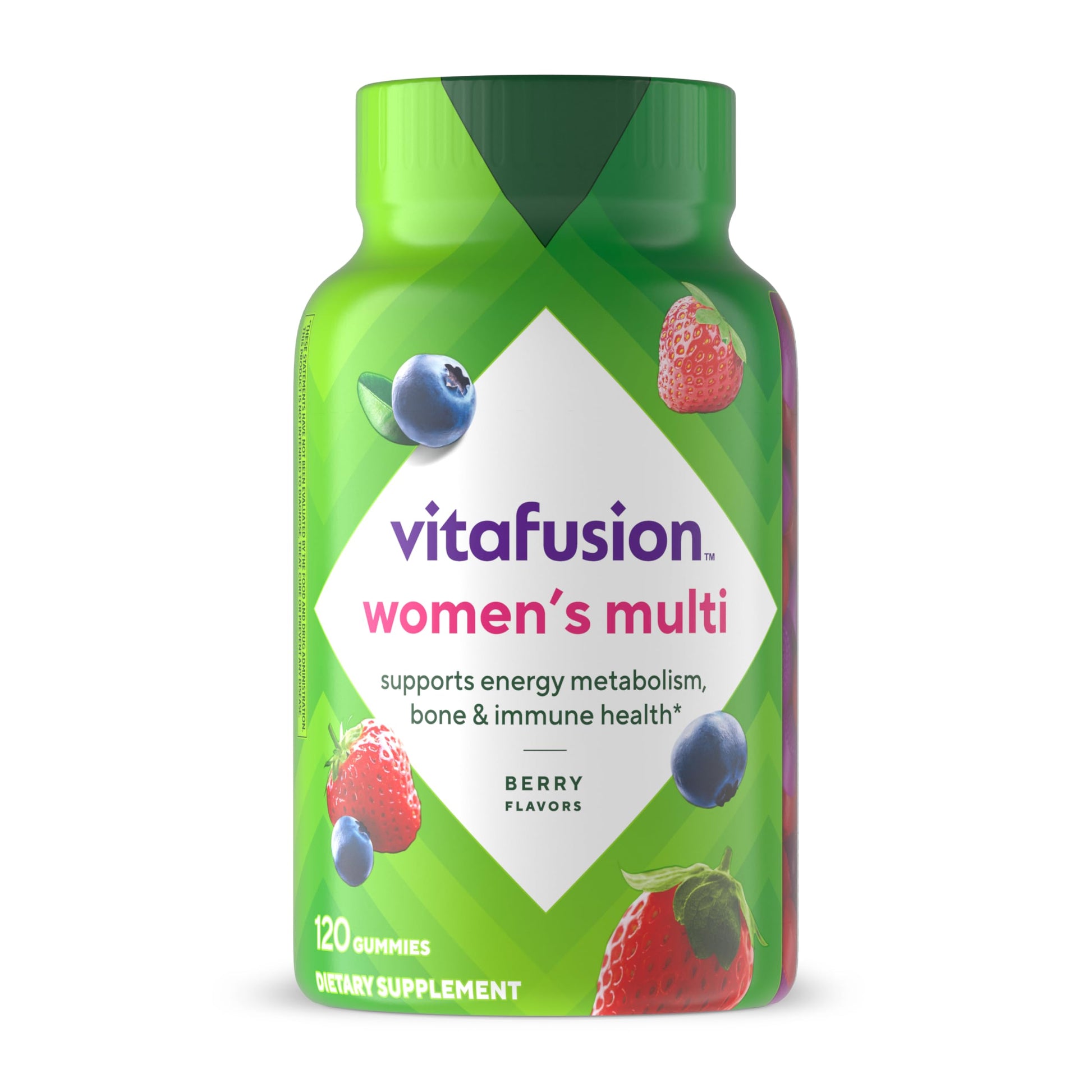 Frasco de gomitas multivitamínicas Vitafusion para mujeres sabor bayas.