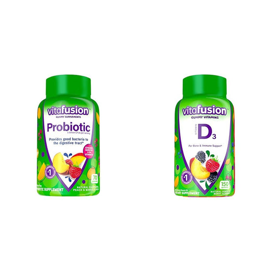 Frasco gomitas probióticas vitafusion sabores frambuesa durazno mango