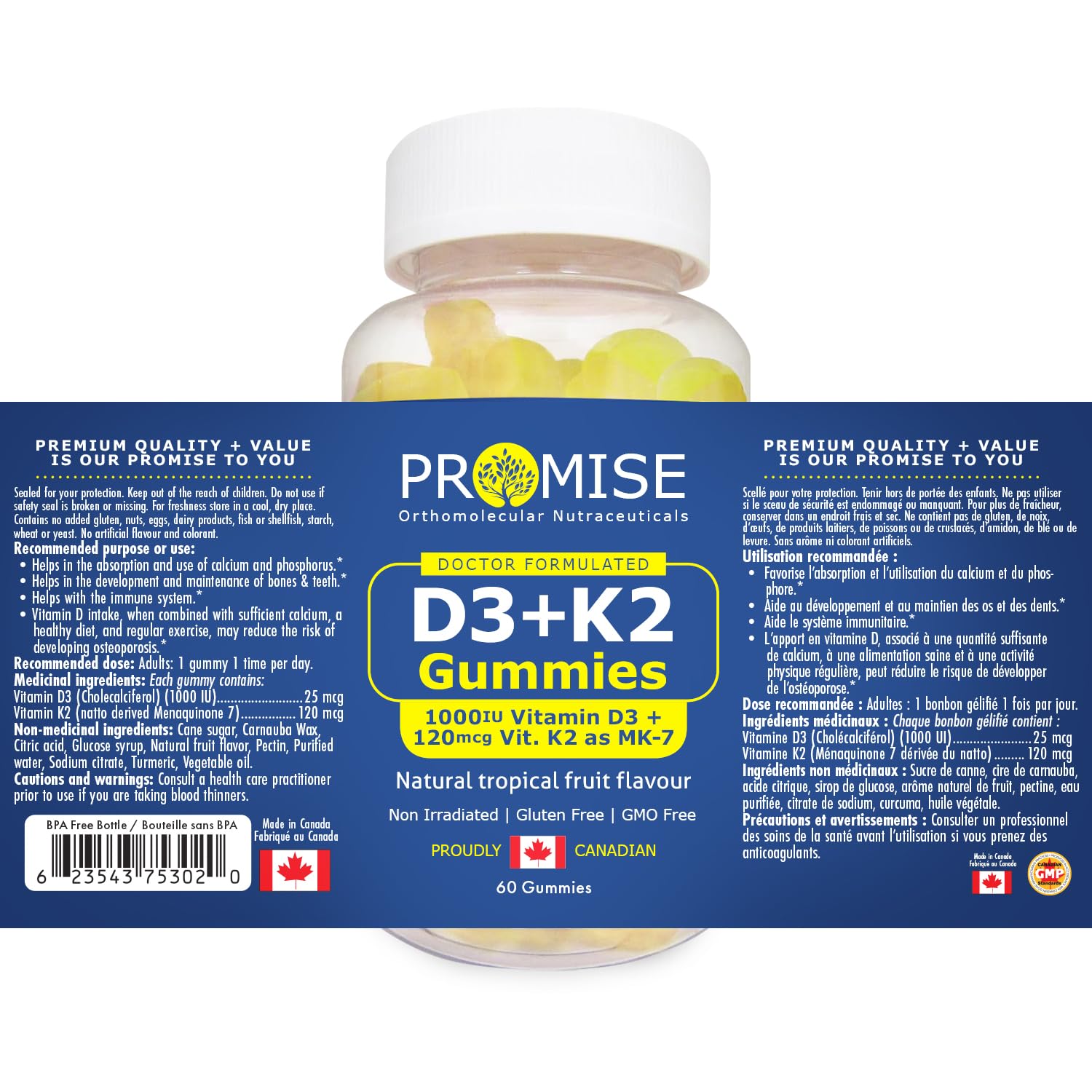 Frasco y gomitas Promise D3 K2 sabor tropical natural