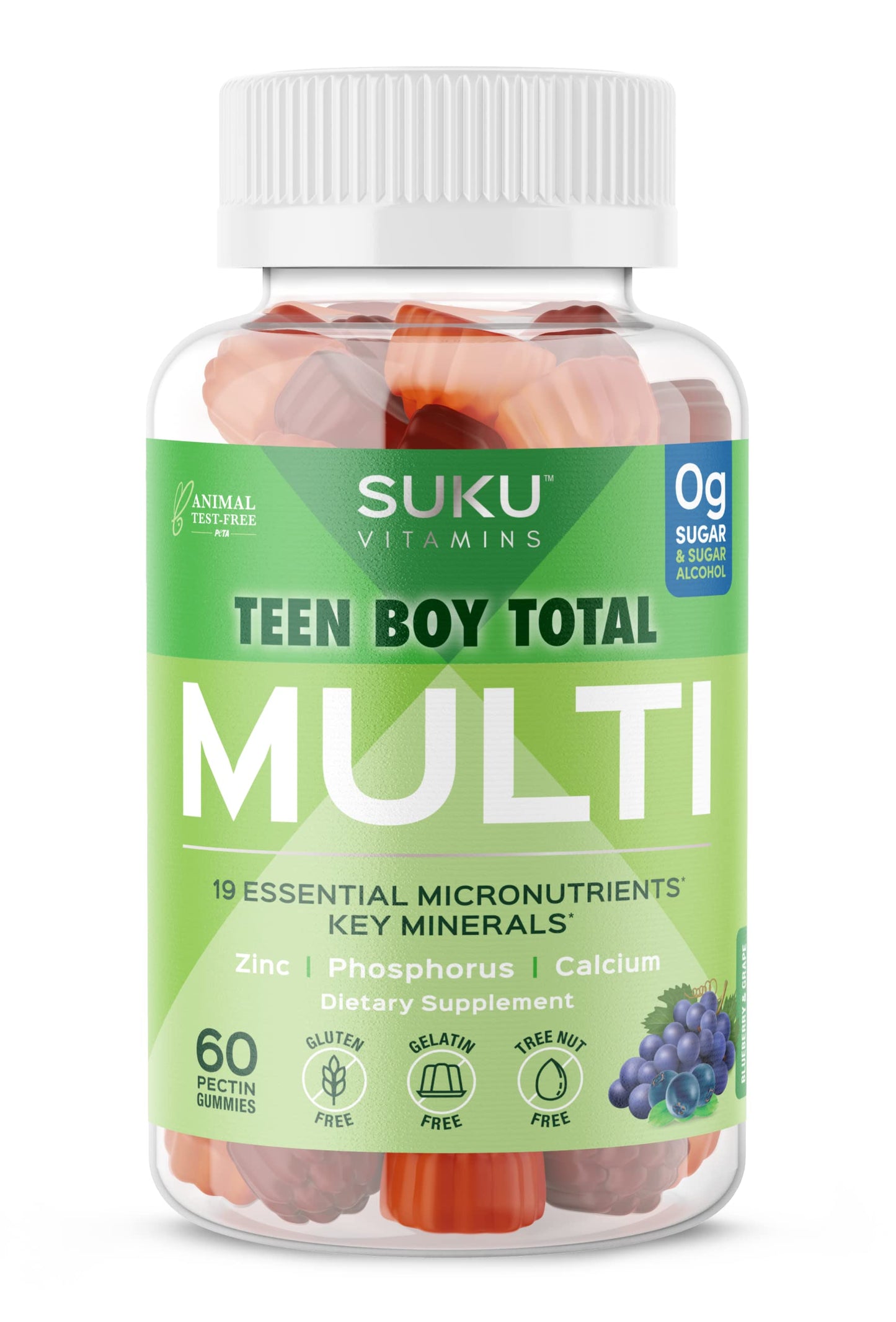 Frasco de gomitas multivitamínicas SUKU para adolescentes sabor arándano y uva