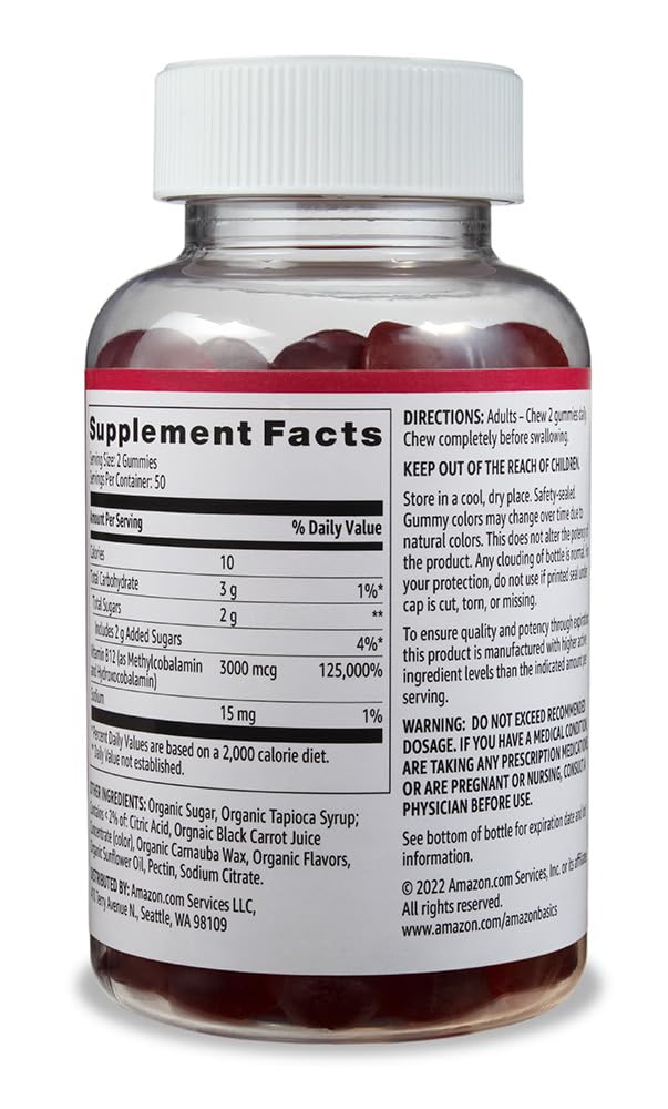 Frasco gomitas vitamina B12 3000mcg Amazon Basics