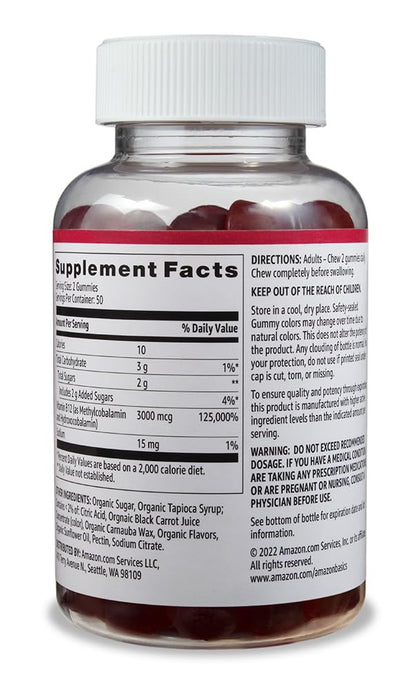 Frasco gomitas vitamina B12 3000mcg Amazon Basics