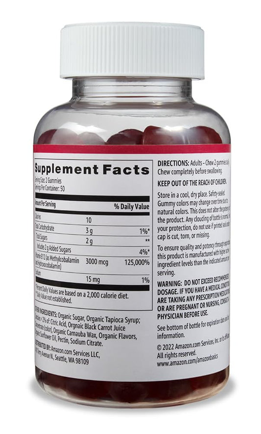 Frasco gomitas vitamina B12 3000mcg Amazon Basics