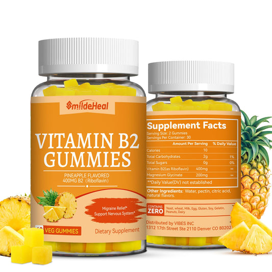 Frasco con gomitas vitamina B2 y magnesio para adultos