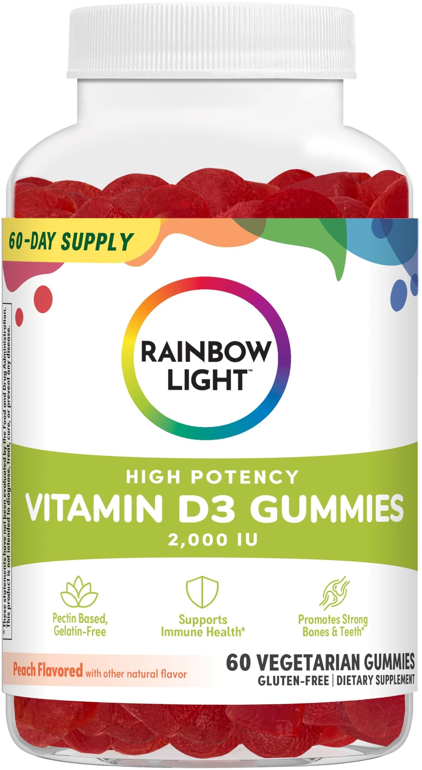 Frasco gomitas vitamina D Rainbow Light D3 2000IU sabor durazno