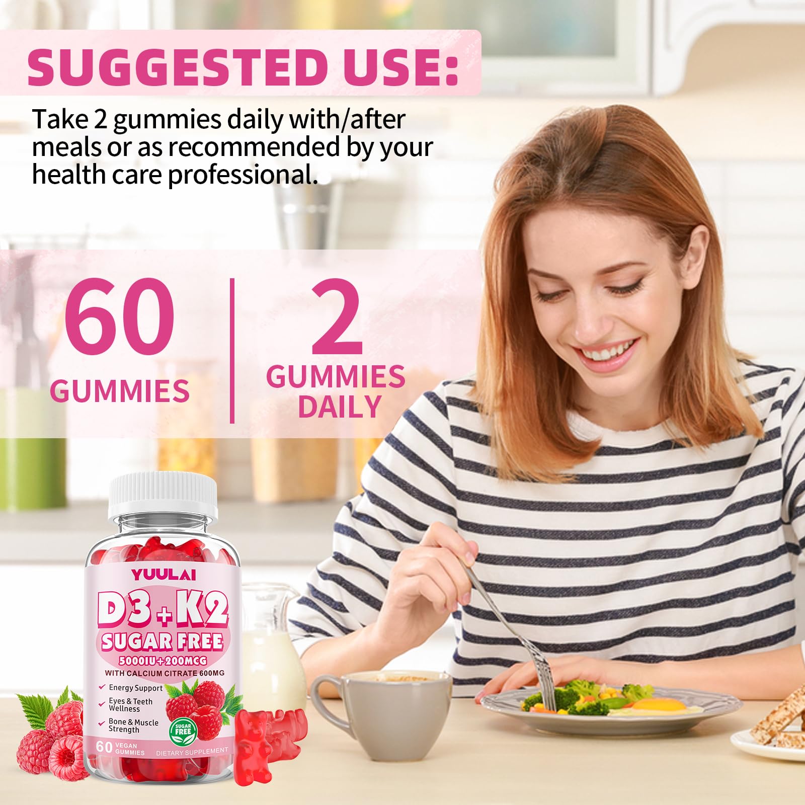 Frasco gomitas vitamina D3 K2 YUULAI 60 unidades
