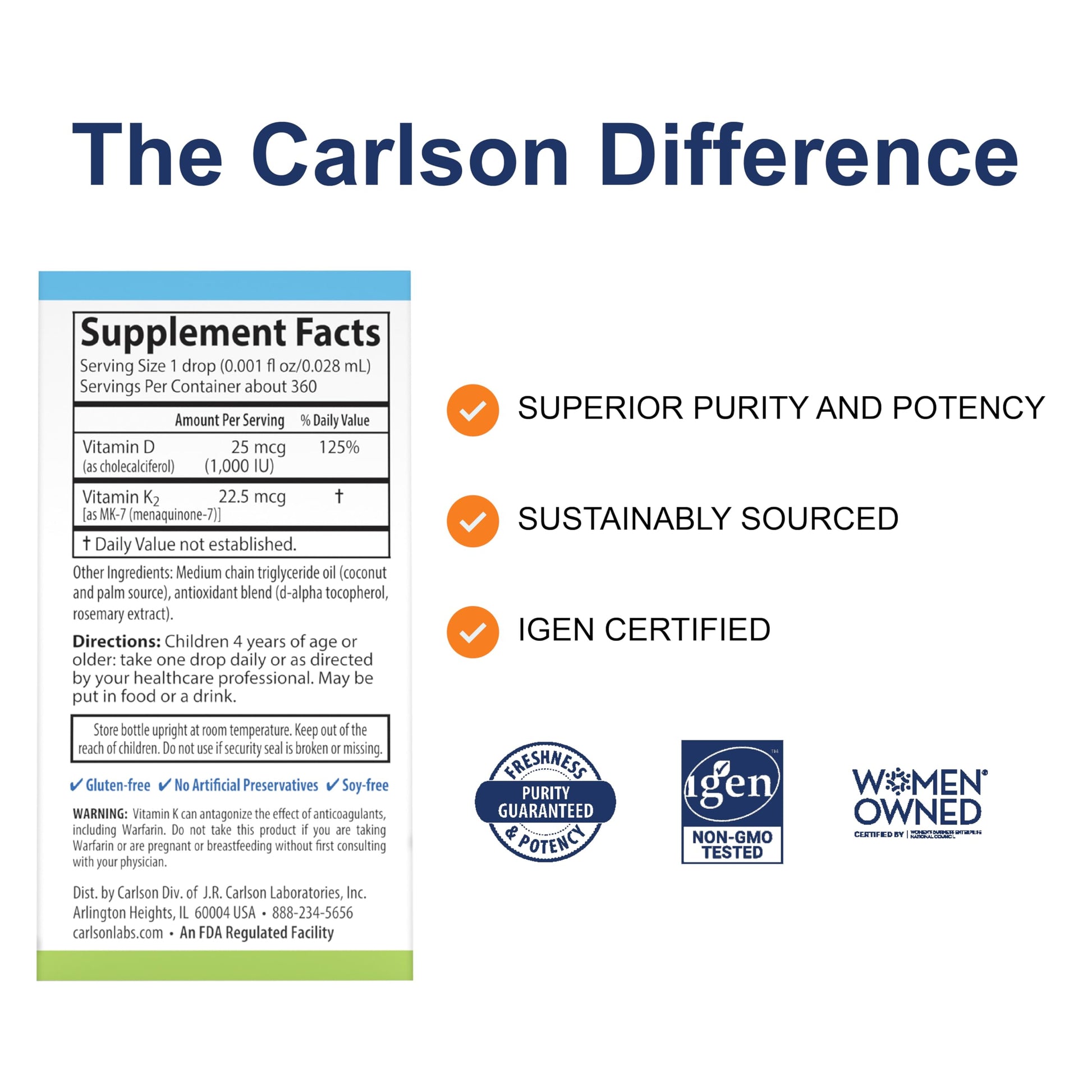 Frasco gotas Carlson vitamina D3 K2 niños sin sabor