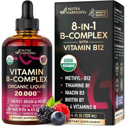 Frasco gotas líquidas Vitamina B Complejo orgánico USDA
