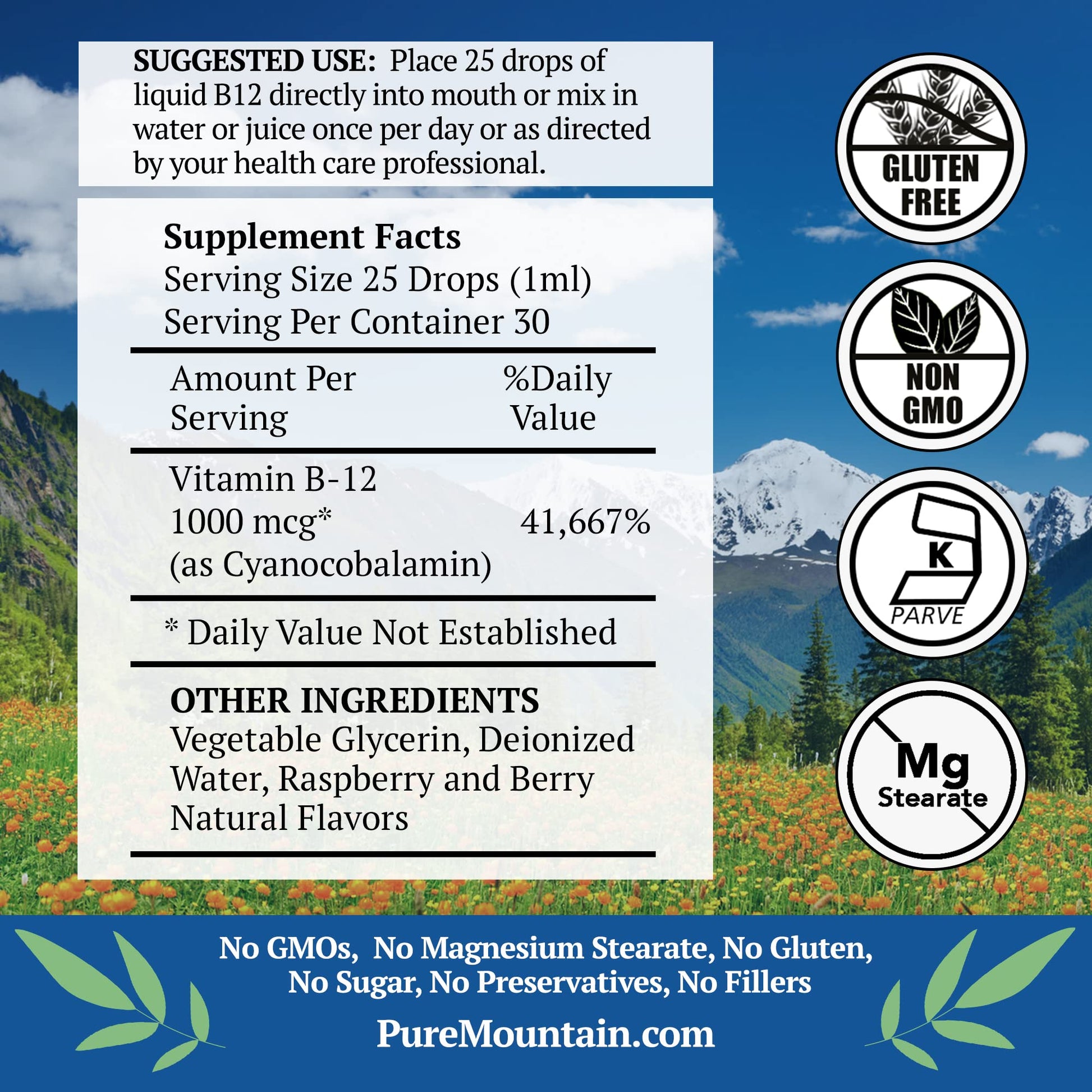 Frasco de gotas líquidas vitamina b12 Pure Mountain Botanicals