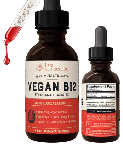 Frasco gotas sublinguales vitamina B12 vegana Live Conscious