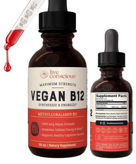 Frasco gotas sublinguales vitamina B12 vegana Live Conscious