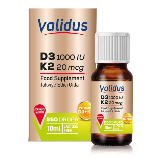 Frasco gotas Validus vitamina D3 y K2 para salud ósea y cardíaca