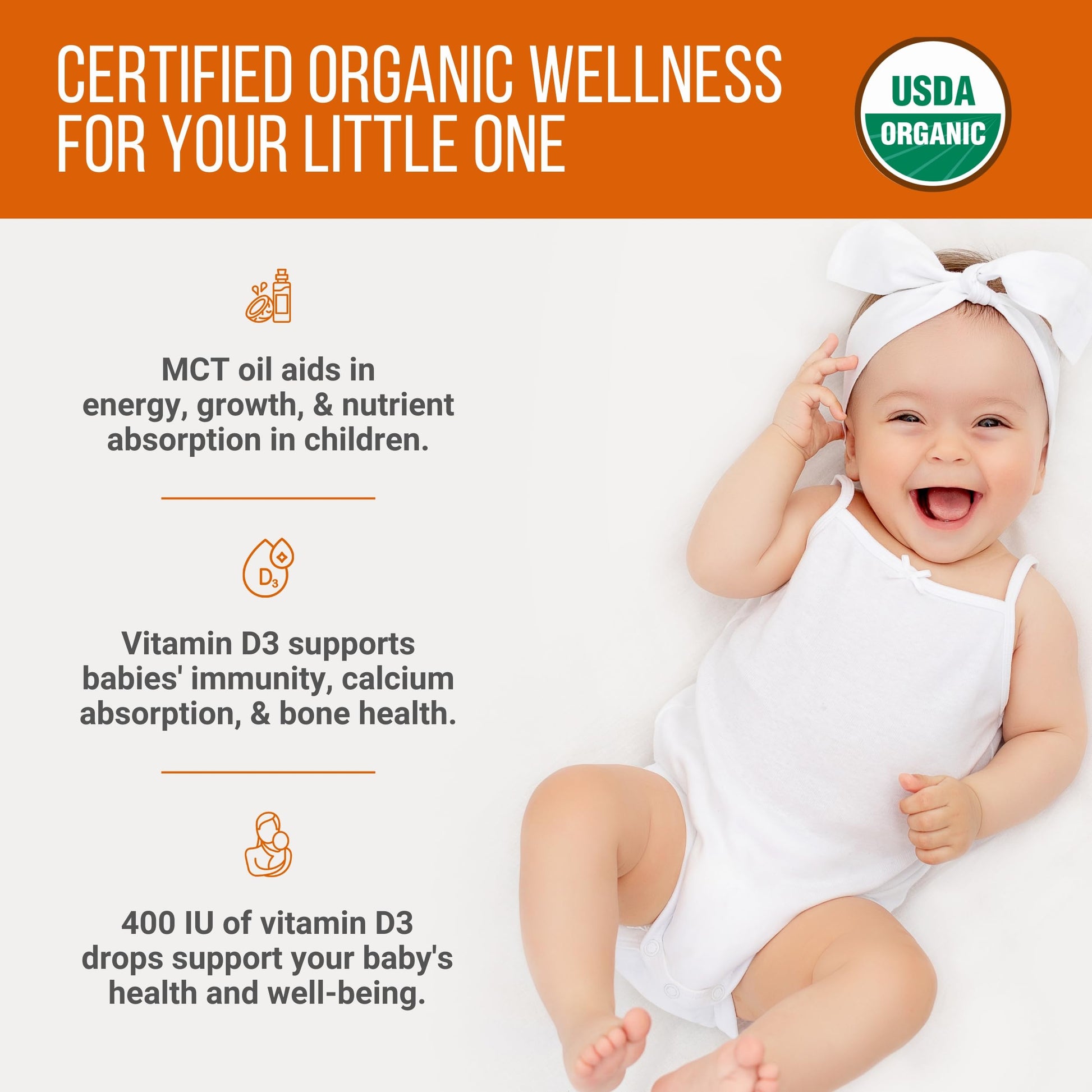 Frasco de gotas vegan de vitamina d3 orgánica para niños