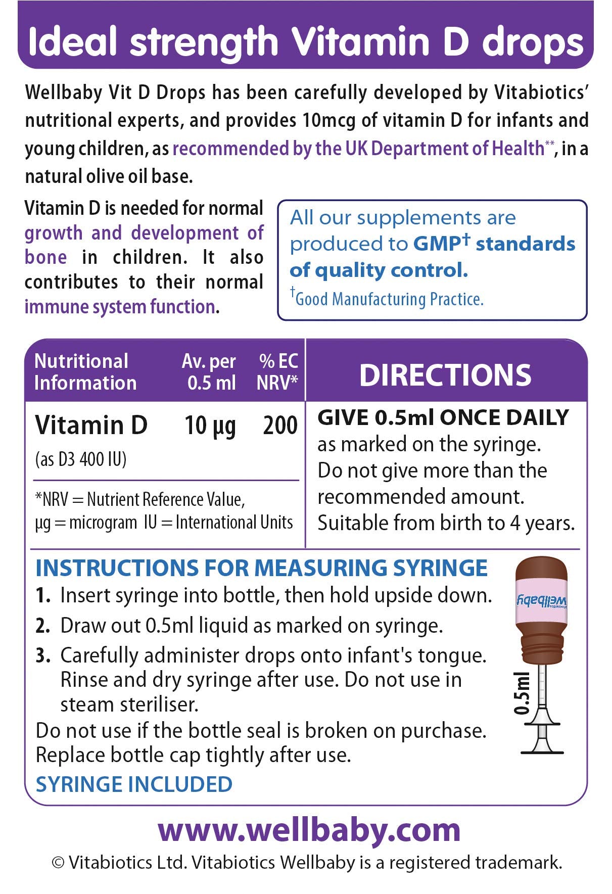 Frasco gotas vitamina d wellbaby 30 ml vista lateral