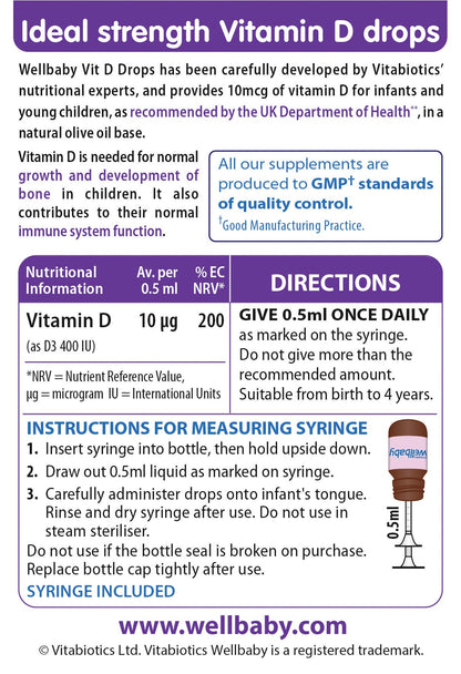 Frasco gotas vitamina d wellbaby 30 ml vista lateral