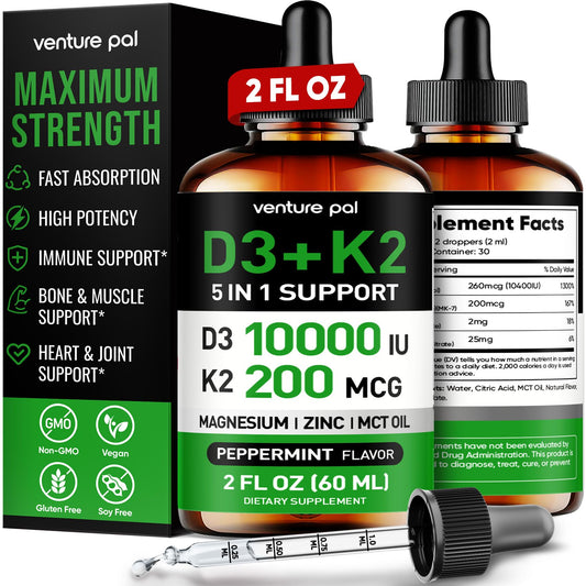 Frasco gotas Vitamina D3 10000 UI K2 magnesio zinc aceite MCT Venture Pal