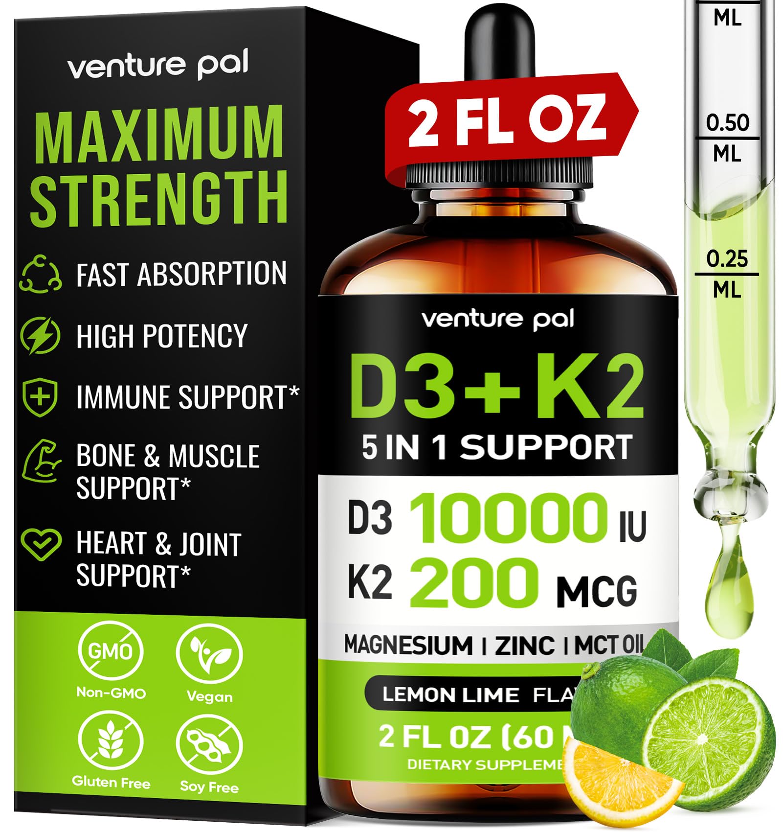 Frasco gotas vitamina D3 10000 IU Venture Pal con K2 y magnesio