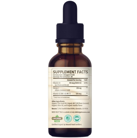 Frasco gotas vitamina D3 K2 NUSAVA orgánico sabor vainilla