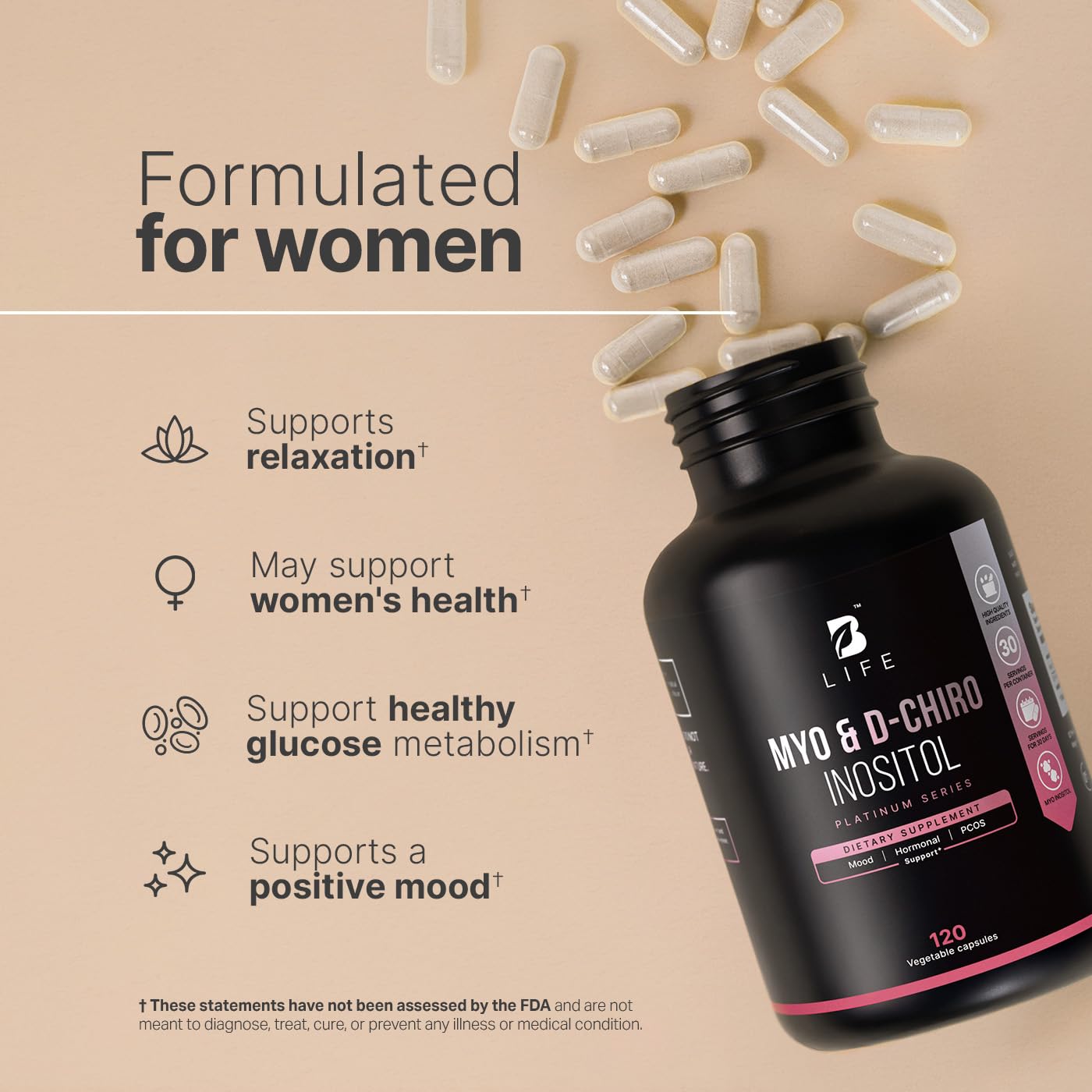 Frasco de inositol claro y limpio para apoyo ovárico B Life
