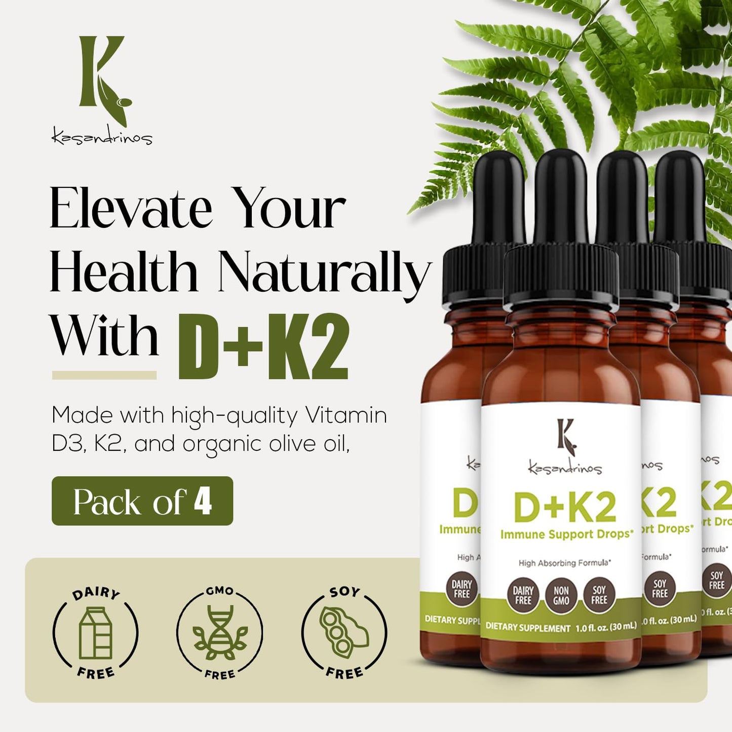 Frascos de Kasandrinos vitamina d3 k2 para inmunidad y huesos