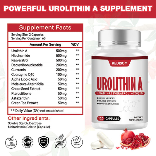 Frasco KEDISOM Urolithin A con resveratrol y CoQ10 antioxidantes