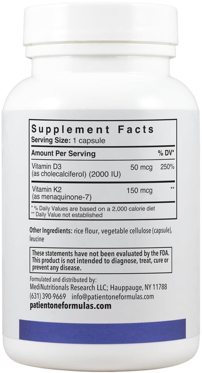 Frasco vista lateral Patient One Vitamina K2 y D3 60 cápsulas