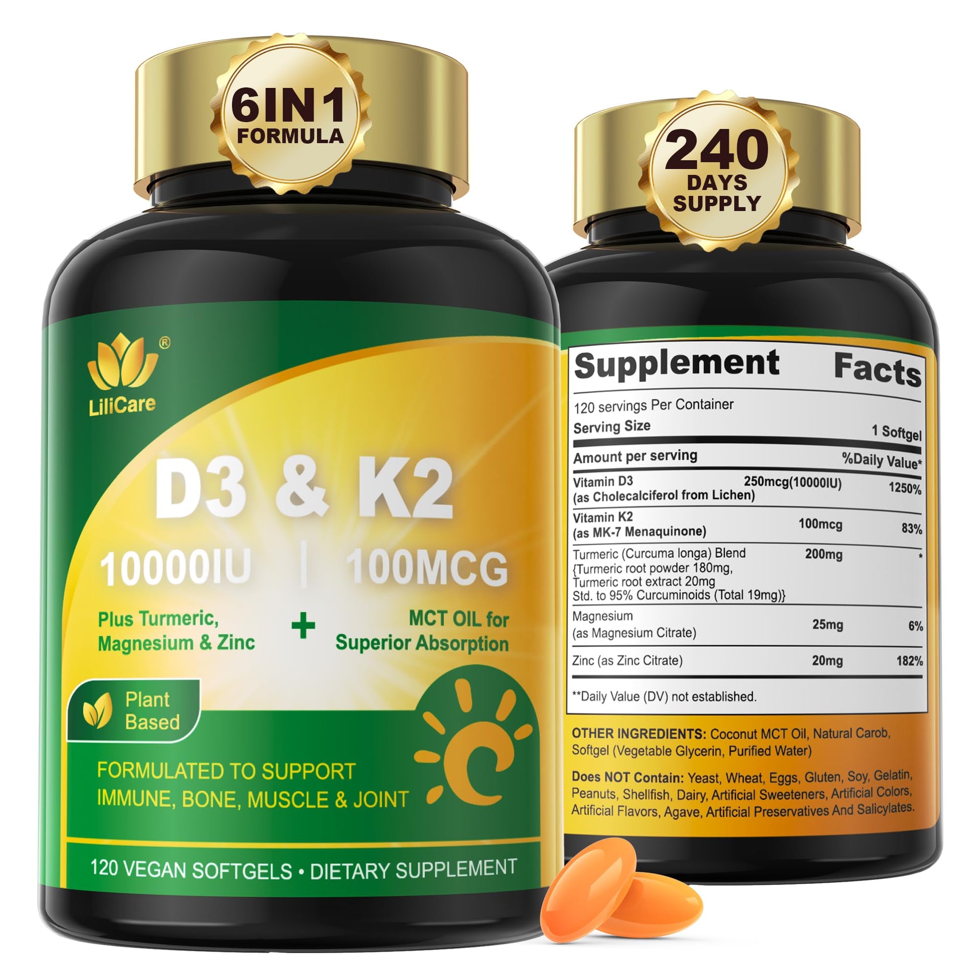 Frasco Liposomal Vitamina D3 K2 con cúrcuma y zinc 240 cápsulas veganas