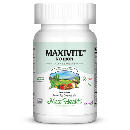 Frasco de MaxiVite multivitamina sin hierro, 90 tabletas