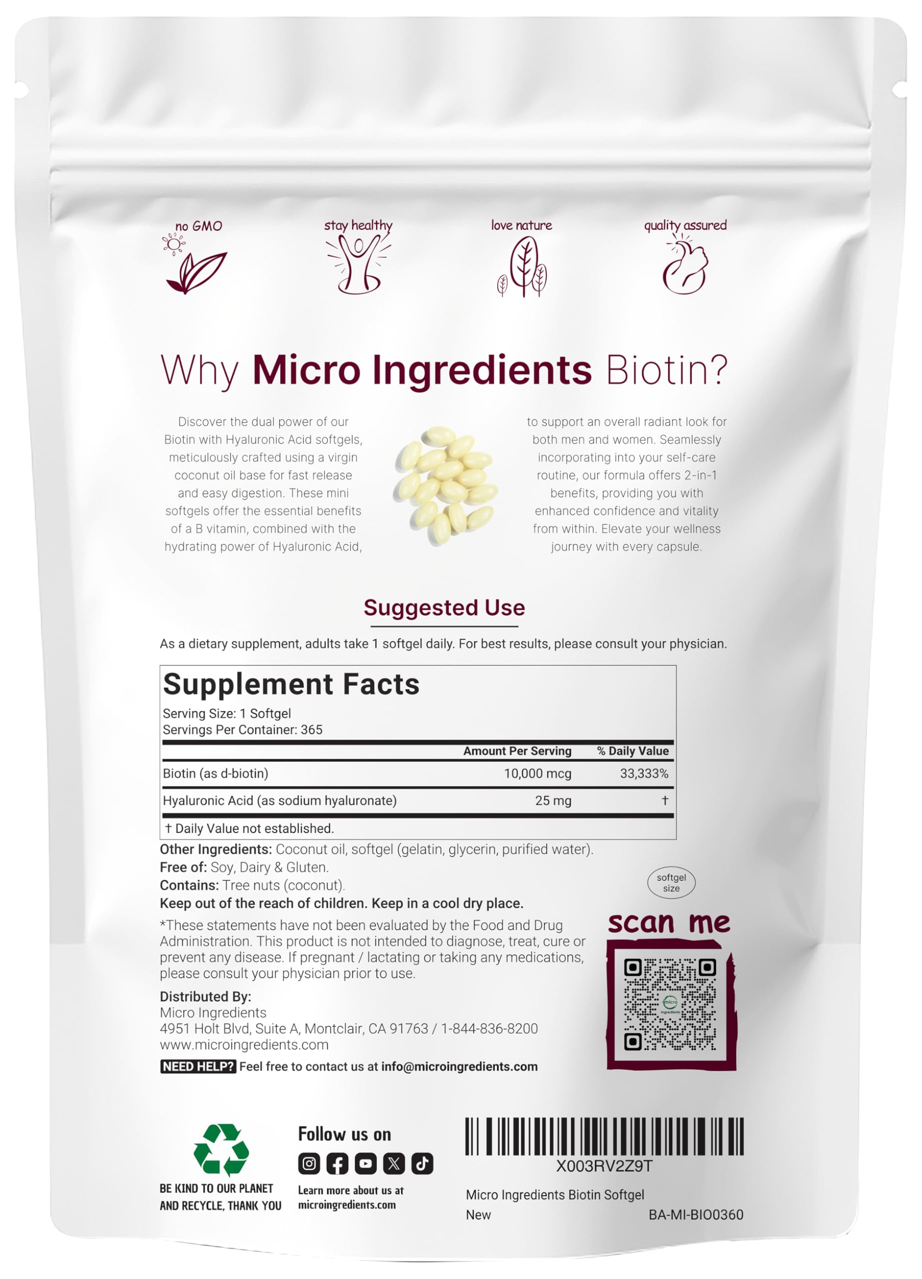 Frasco Micro Ingredients biotina con ácido hialurónico y coco